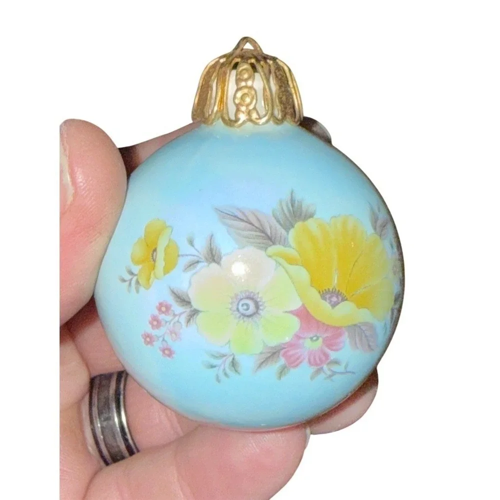 Vintage Christmas Ornament Light Blue Floral Glass Ball Gold Tone Cap glass